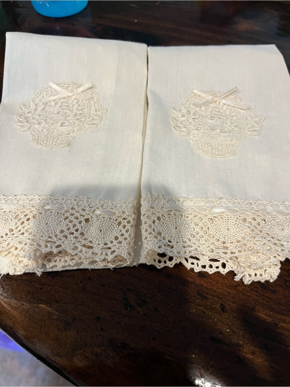 Set of Two Embroidered Cream Crochet-Trim Guest Towels